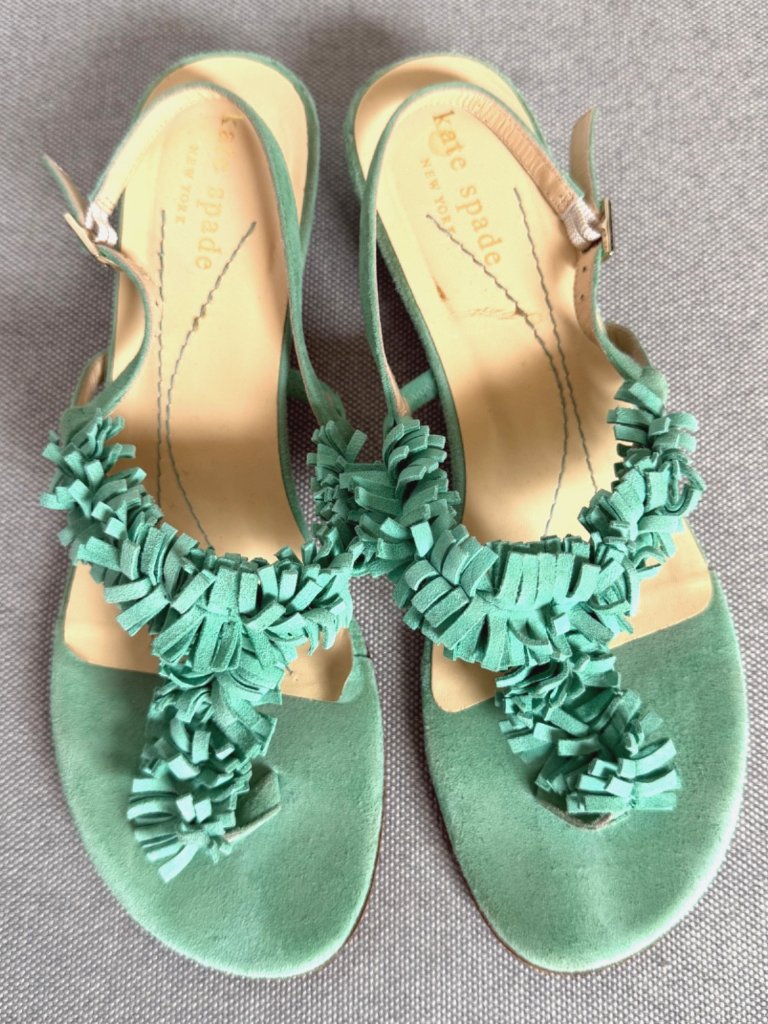 Kate Spade Seagreen Fringe T-Strap Sandals Suede 'Boistero' Kitten Heel